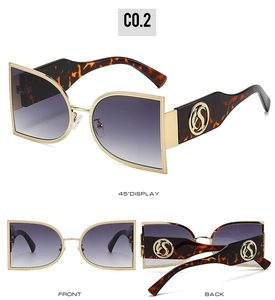 Detail view of semi-circular metal sunglasses with gradient lenses and leopard temples