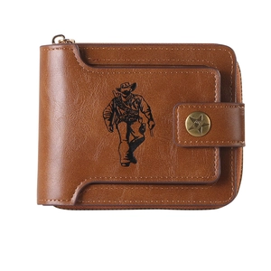 Vintage brown leather men's short wallet featuring cowboy illustration and star snap button