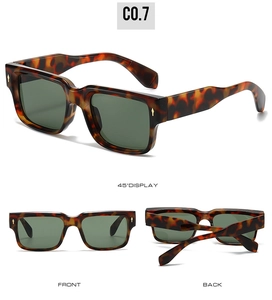 Detailed views of tortoise shell square sunglasses with green lenses and gold accents