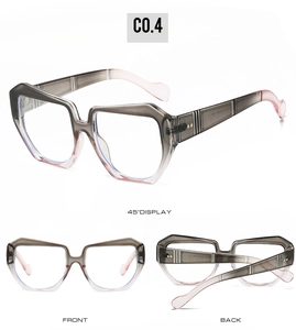 Three-angle view of oversized geometric grey-pink gradient anti-blue light glasses frames