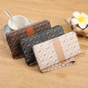 Long faux leather zipper wallets with BJ diamond pattern in brown, black, and beige
