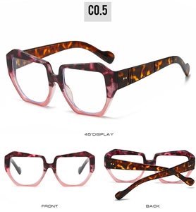 Detailed multi-angle view of oversized tortoiseshell frames in red and pink marble