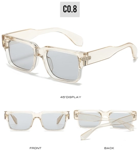Three-view display of transparent champagne square sunglasses from front, side and back angles