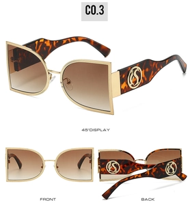 Detail view of semi-round metal sunglasses with tortoise temples and gold logo detail
