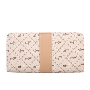 Long monogrammed women's wallet in beige with brown leather vertical strap detail