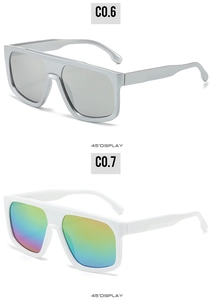 45-degree angle display of oversized futuristic sunglasses in silver and iridescent lenses