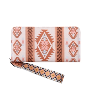 Bohemian geometric long wallet with zipper and detachable wrist strap in earth tones
