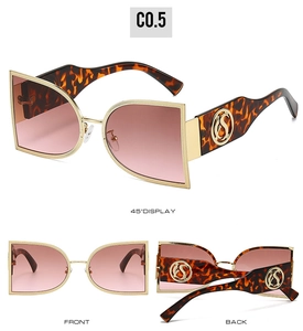 Detail view of semi-round sunglasses featuring gradient lenses and tortoiseshell temples