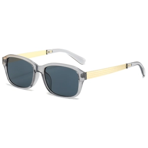 Lunettes de soleil carrées avec monture grise translucide et branches dorées