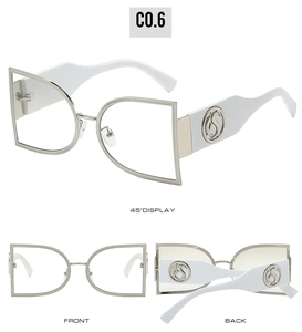 Detailed views of semi-rimless sunglasses with white temples and silver S-logo detail