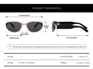 Detailed size chart for oval sunglasses with frame dimensions in cm and inches