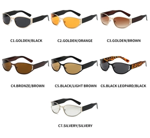 Detailed grid showing seven color variations of Y2K oval frame metallic sunglasses