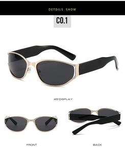 Detailed views of gold metal semi-rimless oval sunglasses with thick black temples