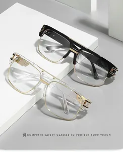 Detail of square frame anti-blue light glasses with black-gold and clear-gold finish
