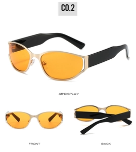 Futuristic oval sunglasses featuring gold metal semi-rims and orange lenses in multiple views