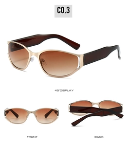 Three-angle view of oval futuristic sunglasses with gold frame and brown gradient lenses