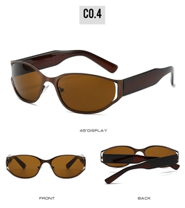 Front, back, and 45-degree angle views of brown futuristic oval sunglasses in a retro style