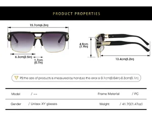 Detailed size chart for square sunglasses with PC frame and gold metal temple accents