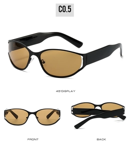 Front and 45-degree multi-angle views of futuristic oval sunglasses with wide black frames