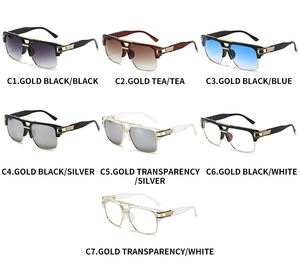 Square metal frame sunglasses display featuring seven color variants with premium gold temples