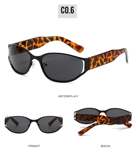 Three-angle view of futuristic oval leopard print sunglasses with dark grey lenses