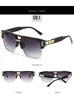 Three angles of square sunglasses showing gold hollow metal frames and gradient lenses