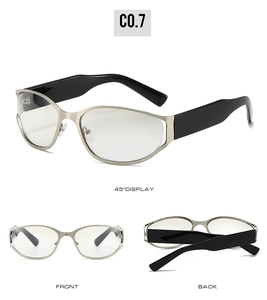 Three-angle view of silver metal oval sunglasses with black temples and nose pads