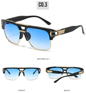 Detailed multi-angle views of square metal aviator sunglasses with gradient blue lenses