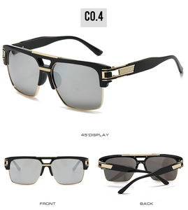 Detailed views of square metal sunglasses in black and gold with silver mirrored lenses