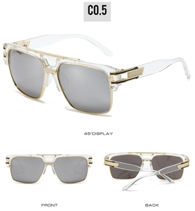 Three-view montage of pilot sunglasses with transparent frames and gold metal accents