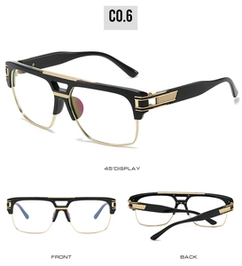 Three-angle display of square frame glasses with black upper and golden metal lower trim