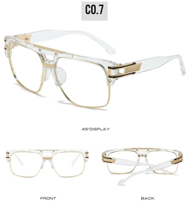 Three-view display of square fashion sunglasses with metallic accents and thick temples