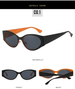 Multi-angle views of retro oval sunglasses with black frames and vibrant orange lining
