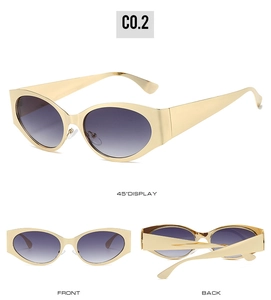 Detailed multi-angle views of trendy oval sunglasses with golden metal frames