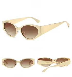 Three-view detail of gold cat-eye sunglasses with brown gradient lenses and metal frame