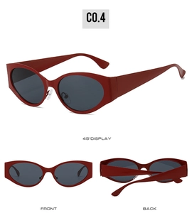 Detailed multi-angle views of red oval sunglasses with grey lenses and metal nose pads