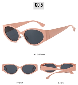 Multi-angle view of oval pink sunglasses with dark lenses and silver nose pads