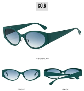 Three-angle display of dark green oval sunglasses with gradient blue lenses