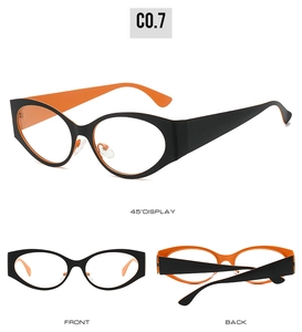 Detailed views of oval cat-eye sunglasses with matte black frame and orange interior accents