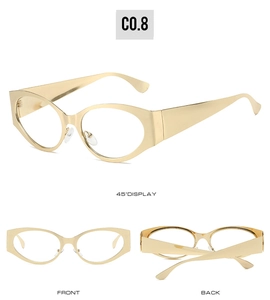 Three-way display showing front, back, and 45-degree angle of golden cat eye sunglasses