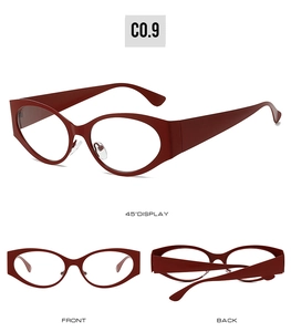 Three-angle view showing dark red oval sunglasses with metal nose pads and thick frames