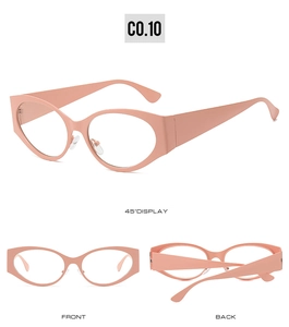 Three-view display of pink cat-eye oval sunglasses frames with metallic nose pads
