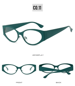 Three-angle view of oval sunglasses in dark green finish with thick side temples