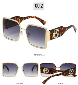 Three views of large square sunglasses with golden metal frames and gradient lenses