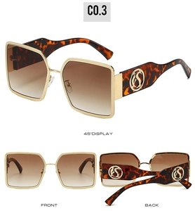 Three-view layout of gold metal square sunglasses with S logo and tortoiseshell arms