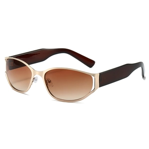 Futuristic oval sunglasses with gold metal frame and brown gradient lenses for women