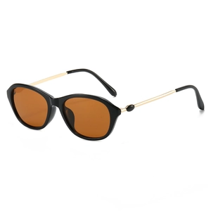 Occhiali da sole retrò cat-eye con montatura nera, lenti marroni e stanghette d'oro