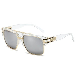 Fashion square sunglasses with transparent frames and gold metal accents on white background