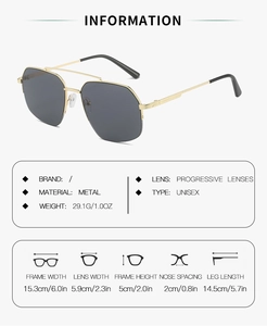 Detailed dimensions of double-bridge pilot sunglasses with gold metal frame measurements