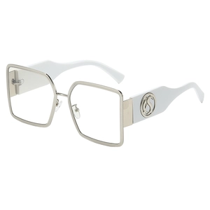 Fashionable oversized metal square sunglasses with silver textured frame and white temples
